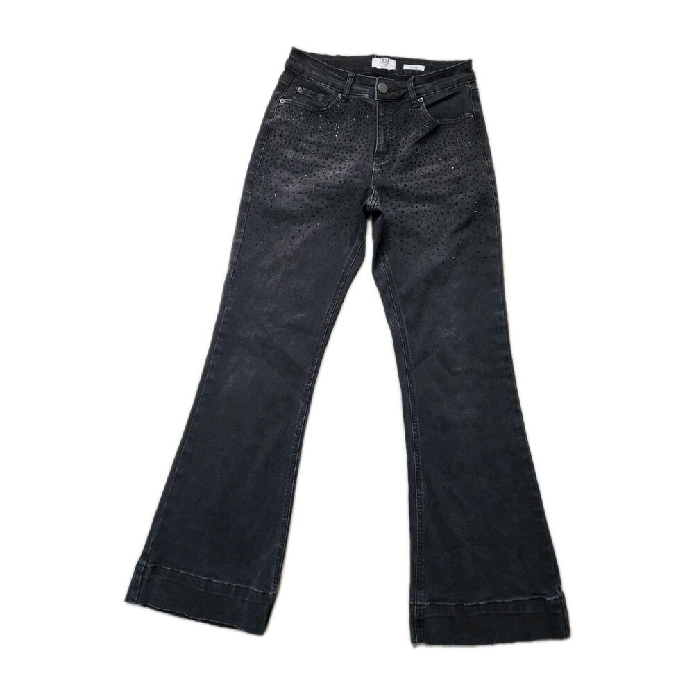 BBJ Rhinestone Flare Jeans Black Denim High Rise Stretch Cotton Blend 7/28 GUC